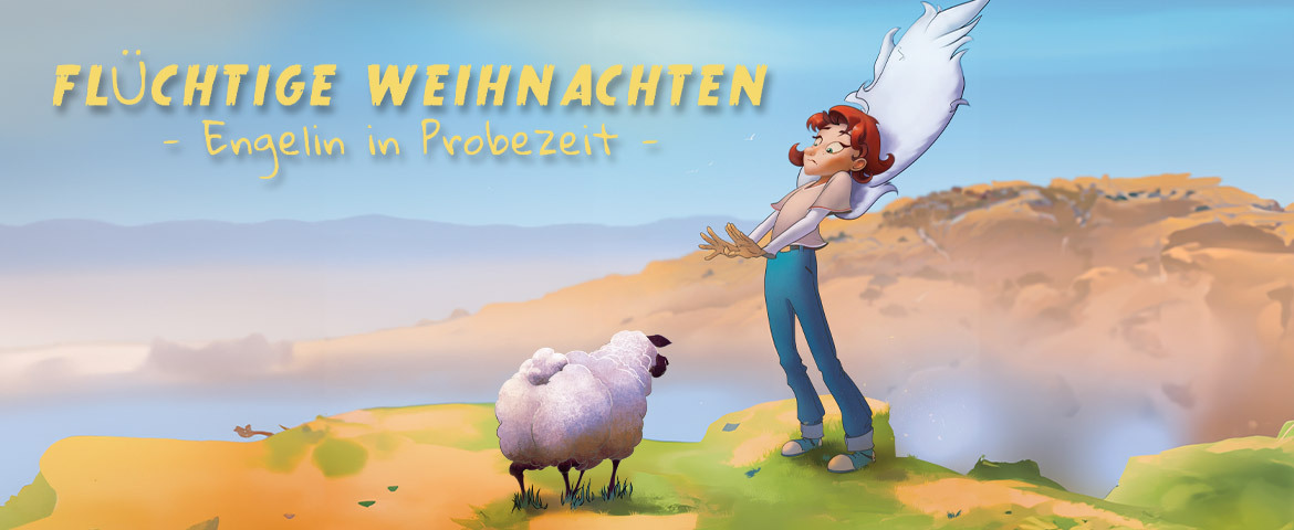 Ausschnitt aus dem Cover des Rätselhefts Flüchtige Weihnachten - Engelin in Probezeit -, gezeichnet im Comic-Stil.