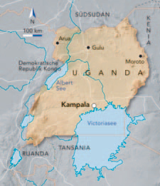 Landkarte Uganda - westlich davon die DR Kongo, östlich des Landes: Kenia