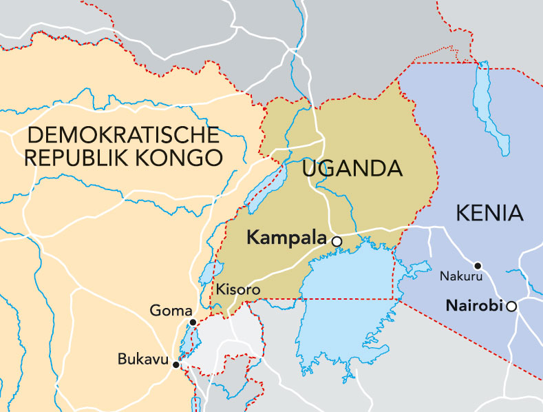 Landkarte Uganda - westlich davon die DR Kongo, östlich des Landes: Kenia