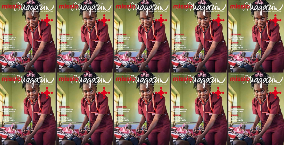 Zehn Cover des missio magazins, Ausgabe 1/2026. Darauf zu sehen ist eine junge Krankenschwester, die von ihrer Arbeit aufblickt und in die Kamera lächelt.