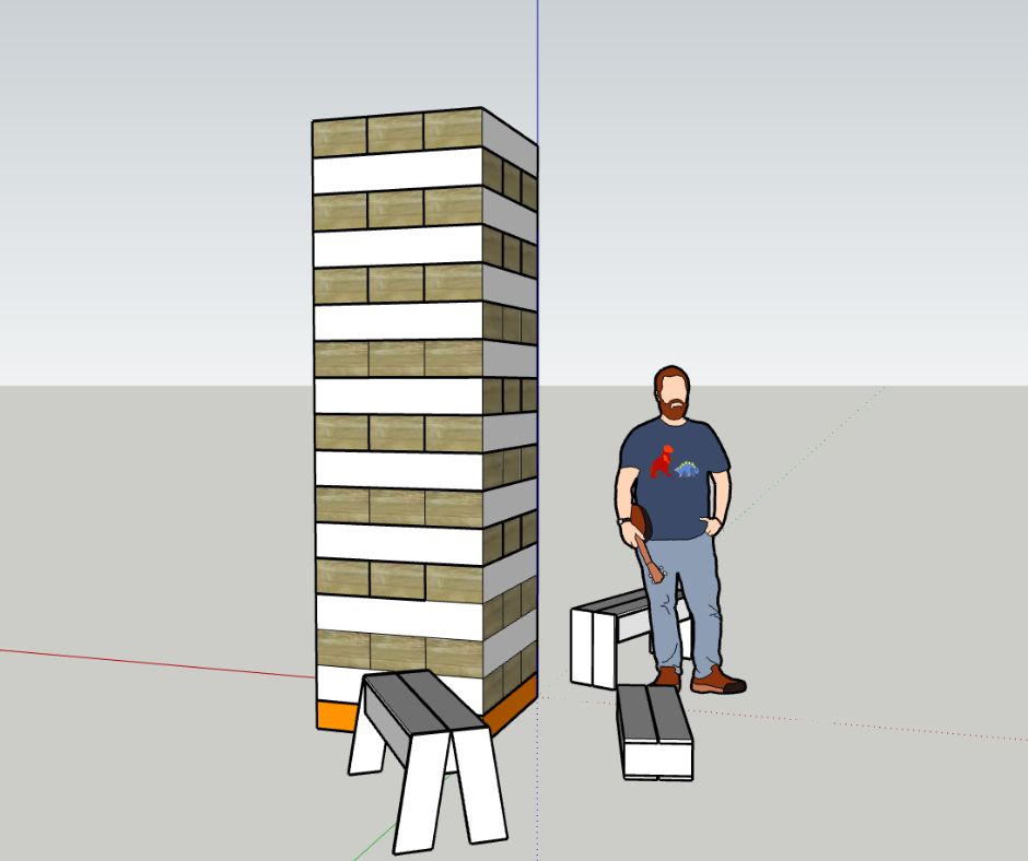 Skizze des drei Meter hohen Holzstapelturms. Der Turm ist seitlch gedreht. Daneben steht ein erwachsener Mann. Der Turm überragt ihn um weit über einen Meter. Daneben stehen drei schmale Sitzbänken.