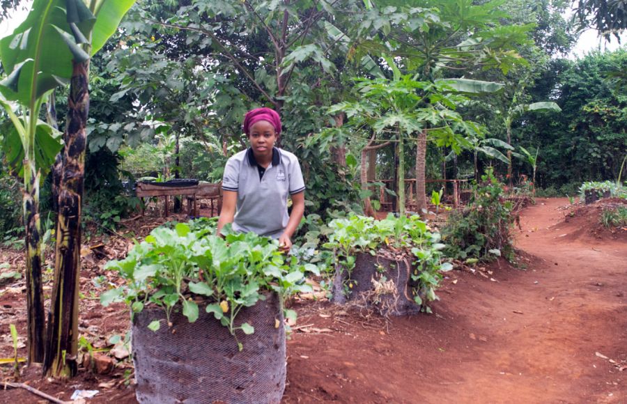Eine Farmerin zwischen ihren Anbauflächen