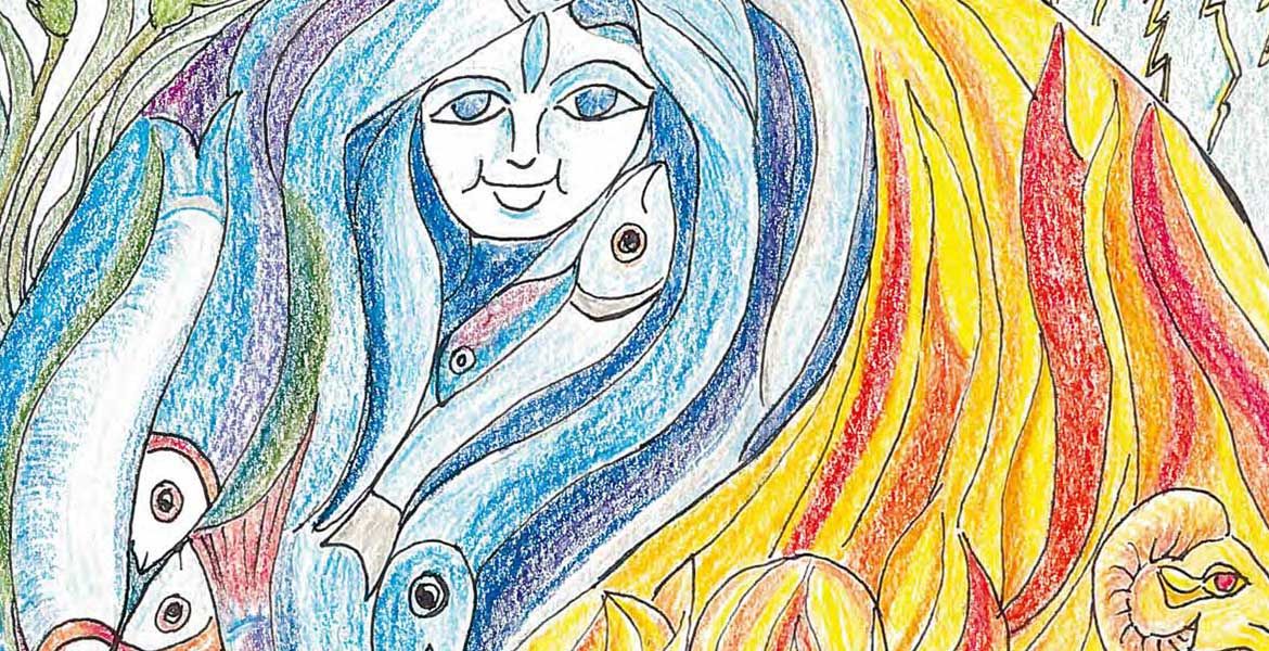 Ein Gemälde auf der eine Frau mit langen Haaren zu sehen ist. Aus den Haaren werden abstrakte Fische.