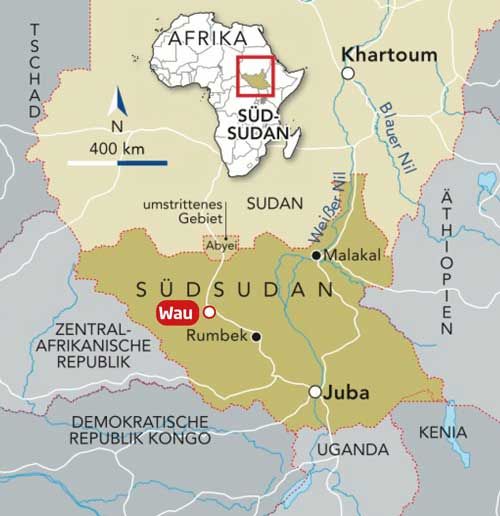 Landkarte vom Südsudan, auf der im Nord-Westen, nördlich von Rumbek, die Stadt Wau hervorgehoben ist.