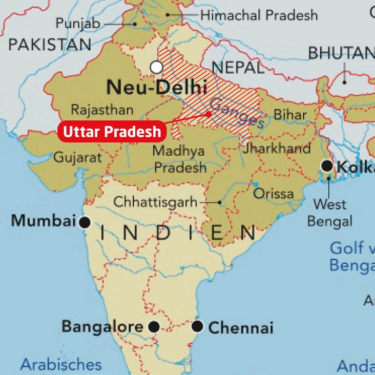 Bild zeigt Karte von Indien. Das Flutgebiet ist rot markiert.