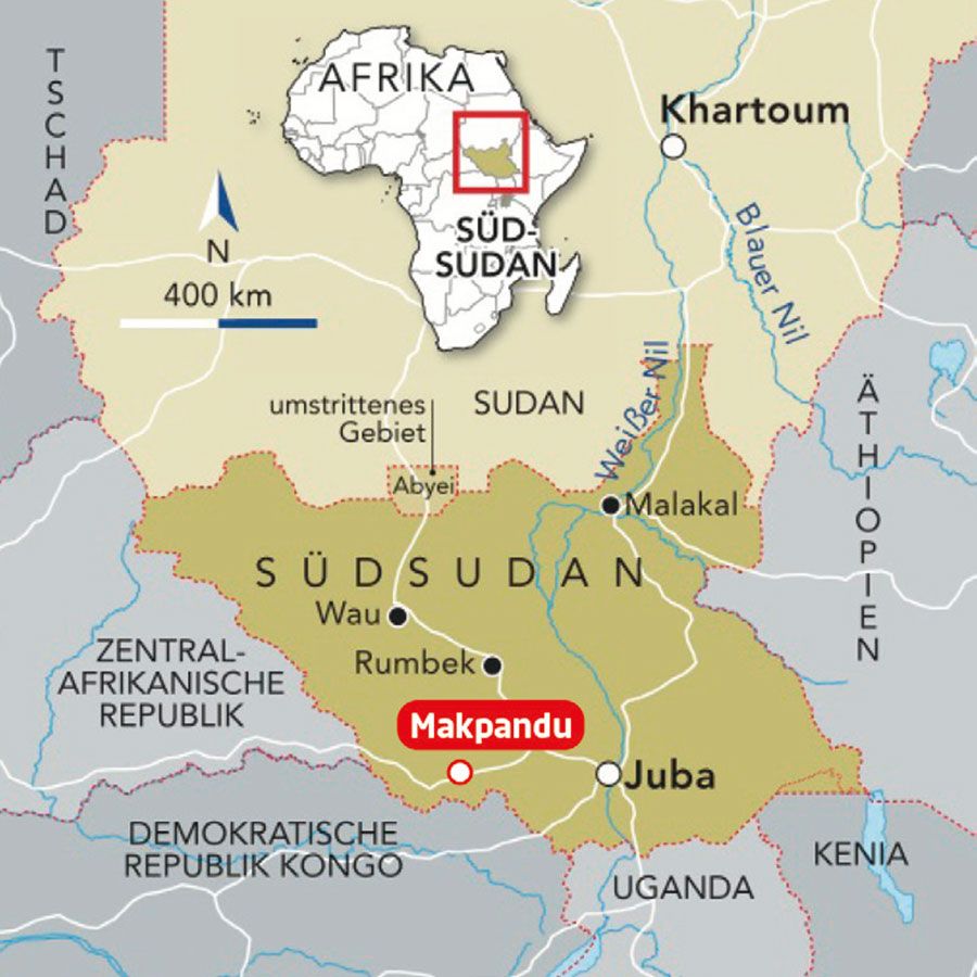 Karte von Südsudan. Der Ort Makpandu westlich der Hauptstadt Juba ist rot hervorgehoben.