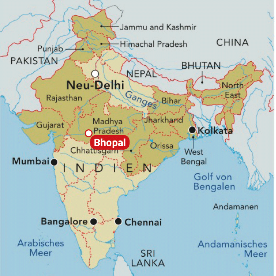 Landkarte von indien mit Markierung der Stadt Bhopal, im nördlichen Teil des Landes, wo projekt verortet ist.