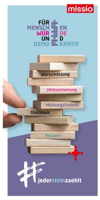 Deckblatt Flyer Mitmachaktion "Für Menschenwürde und Demokratie: Jeder Stein zählt!"