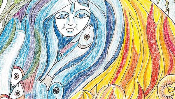 Ein Gemälde auf der eine Frau mit langen Haaren zu sehen ist. Aus den Haaren werden abstrakte Fische.