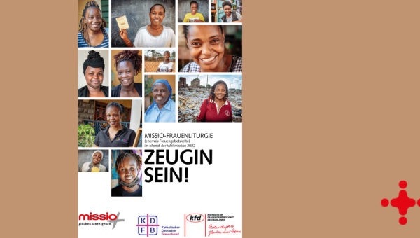 Titelbild zur Frauenliturgie mit dem Titel "Zeugin sein". Zu sehen sind viele kleine Bilder mit Frauenporträts.