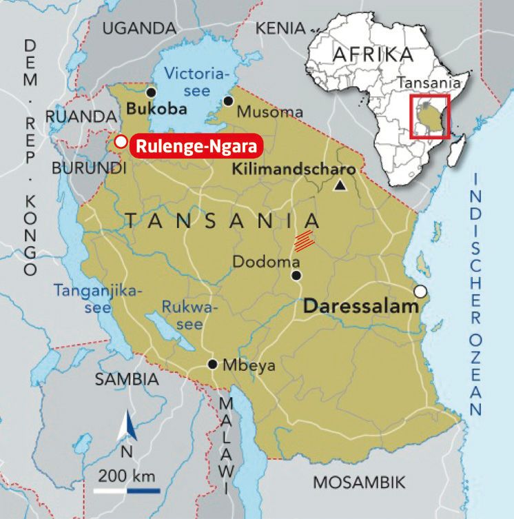Landkarte von Tansania. Hervorgehoben ist die Diözese Rulenge-Ngara im Nordwesten des Landes.