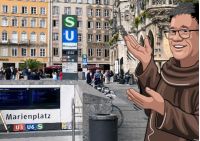 Father Toots steht - gezeichnet als Comicfigur - vor dem U-Bahnhof "Marienplatz" und winkt.