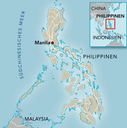 Karte der Philippinen. Gekennzeichnet ist Manila im Norden des Landes, wo das Projekt von Father Toots gefördert wird.
