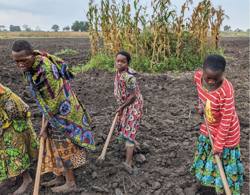 Frauen und Mädchen beim Pflügen und Aussäen auf der Lernfarm.