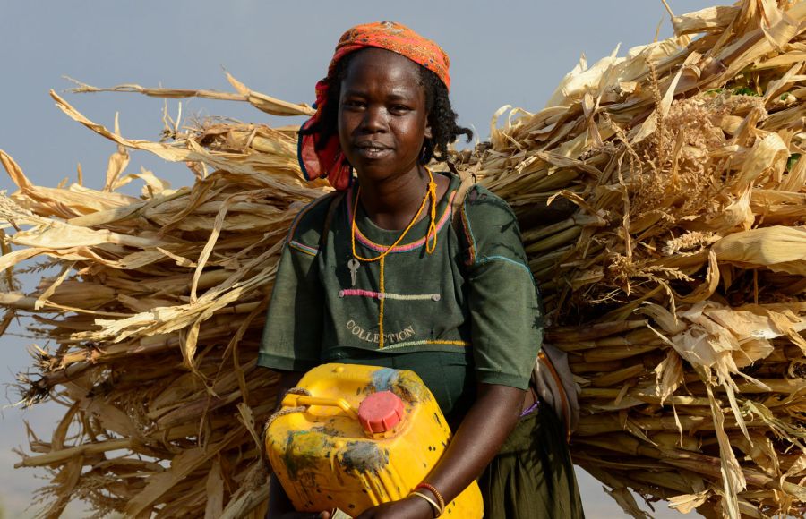 Eine Frau trägt Getreide auf dem Rücken.